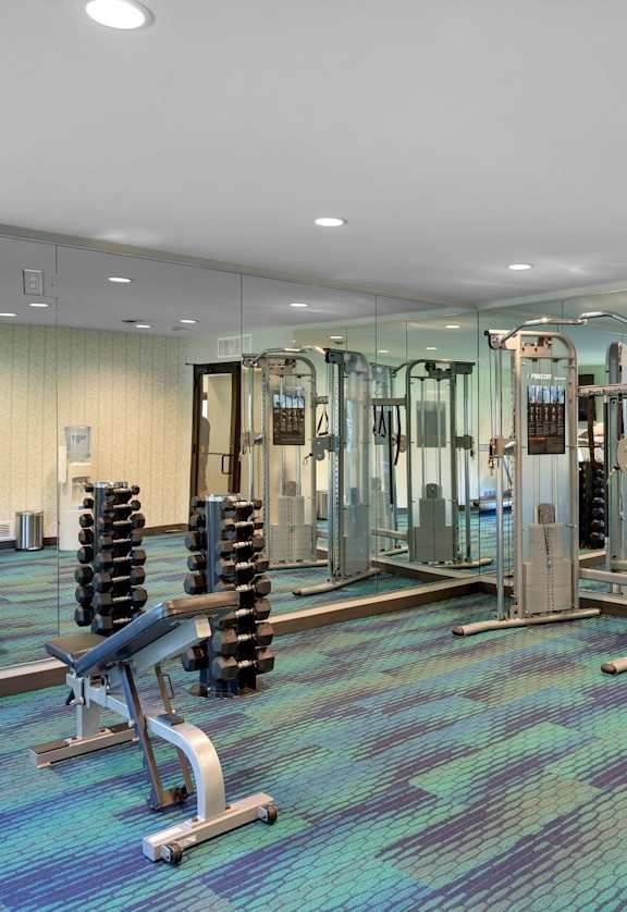 a gym with weights and cardio equipment in a room  at Pebblebrook Court, Minnesota, 55437