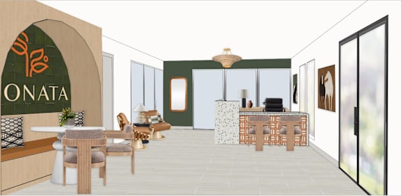 A modern living room with a dining table and chairs.