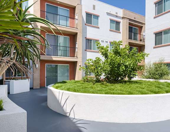 a large white planter with grass and trees in front of a building