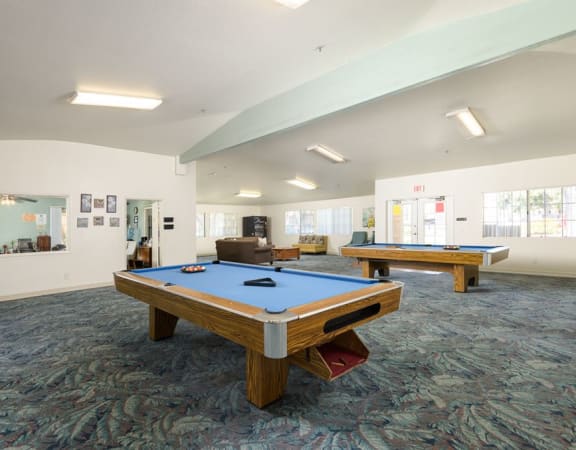 a games room with two pool tables and a television