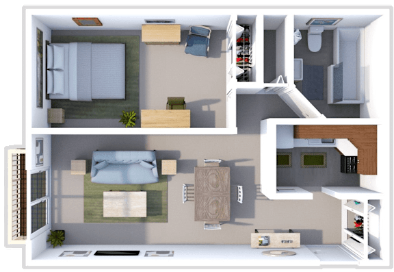 a 3d rendering of a 1 bedroom apartment with a bathroom and a living room