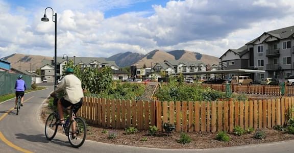 A person riding a bicycle on a road with a wooden fence and houses in the background.