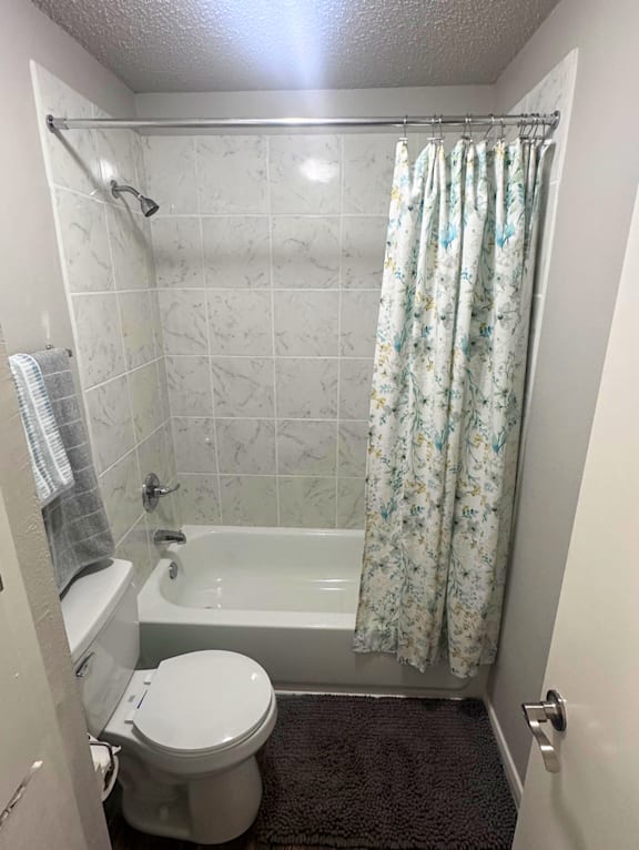 A white toilet sits next to a bathtub in a bathroom.