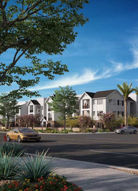 a rendering of an apartment complex with cars parked in front of it at Orchard Springs 55+ Apartment, Surprise, AZ, 85374