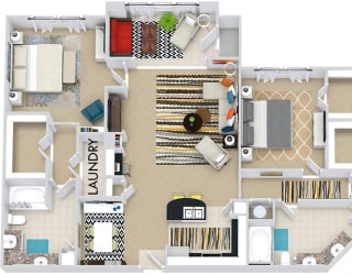 The Amsterdam with Sunroom 3D. 3 bedroom apartment. Kitchen with bartop open to living/dining rooms. 2 full bathrooms, double vanities. Walk-in closets. Sunroom.