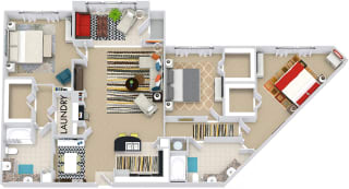 The Amsterdam with Sunroom 3D The Amsterdam with Sunroom 3D. 3 bedroom apartment. Kitchen with bartop open to living/dining rooms. 2 full bathrooms, double vanities. Walk-in closets. Sunroom.