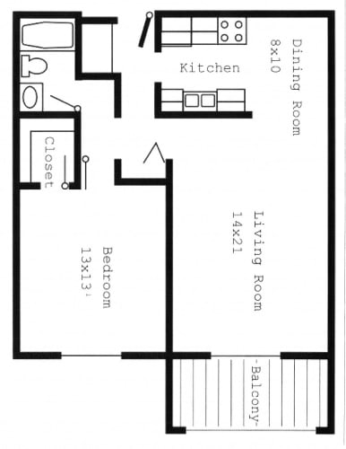 Floor Plan  Woodland North Apartments one bedroom outline