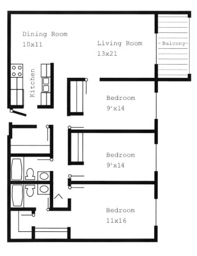 Floor Plan  Woodland North Apartments three bedrooms outline