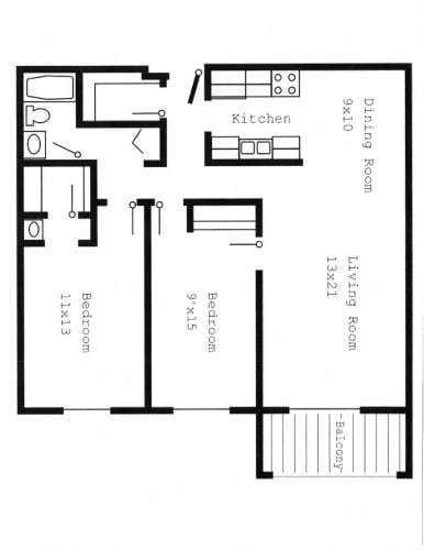Floor Plan  Woodland North Apartments two bedrooms outline
