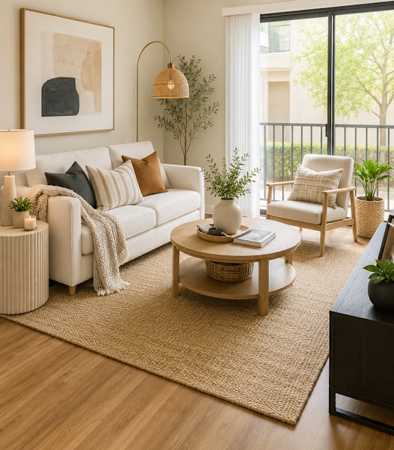 A living room with a white sofa, a wooden coffee table, and a ceiling fan.