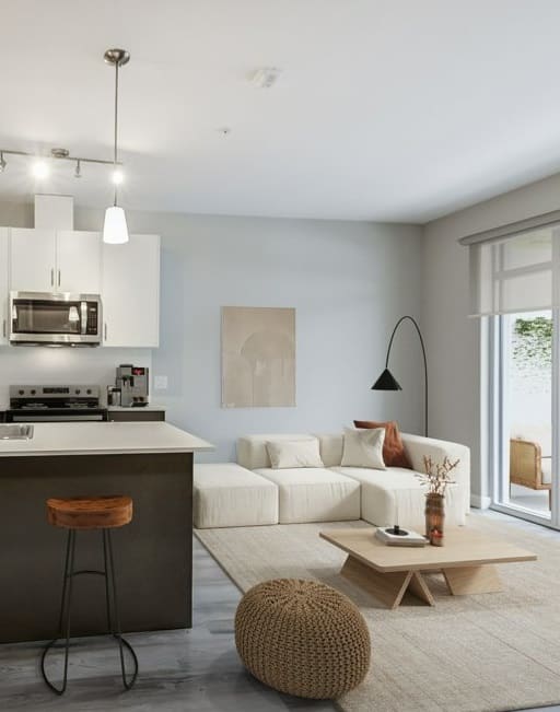 a kitchen and living room with a counter top  at 101 Base Line Road West, London, ON