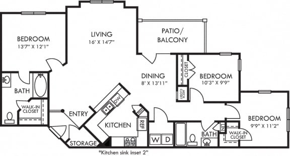 Kinston. 3 bedroom apartment. Kitchen with bartop open to living/dinning rooms. 2 full bathrooms. Walk-in closets. Patio/balcony. Storage room.