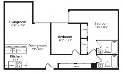 2 bedroom floor plan at Duet on Wilcox, Los Angeles, California