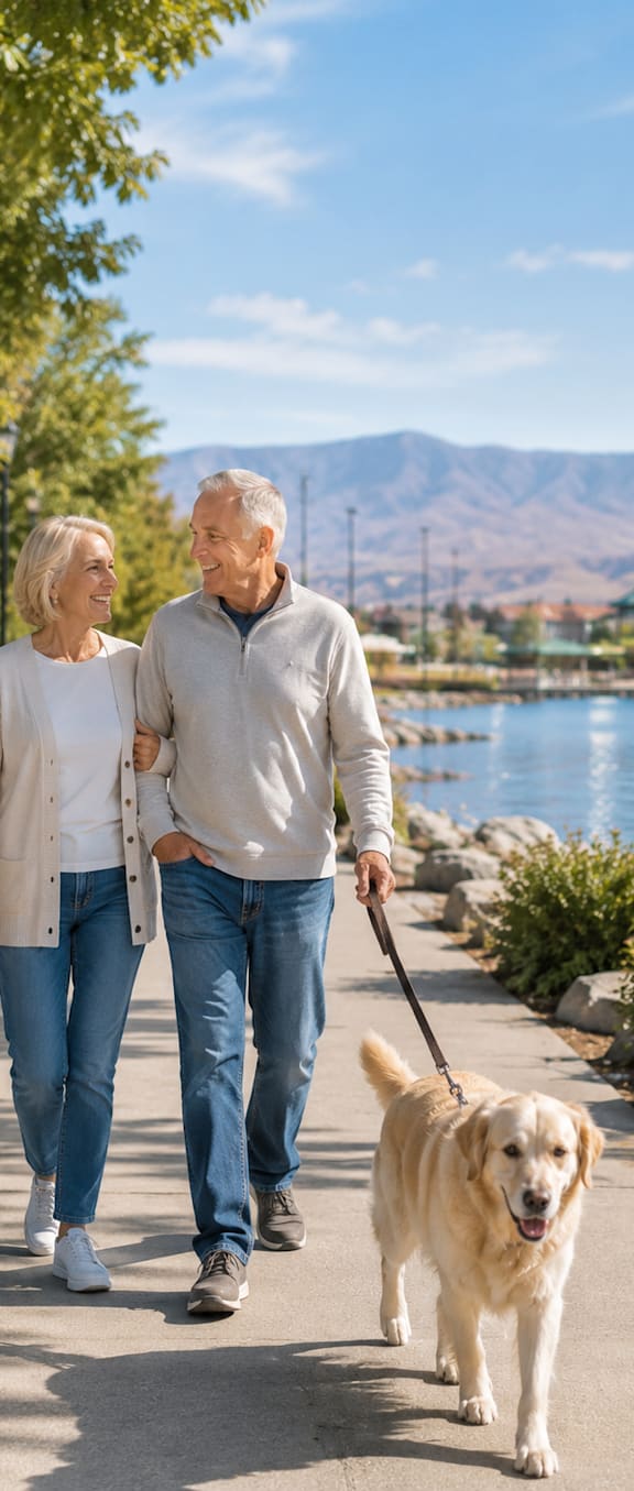 An elderly couple walking a dog on a sunny day.