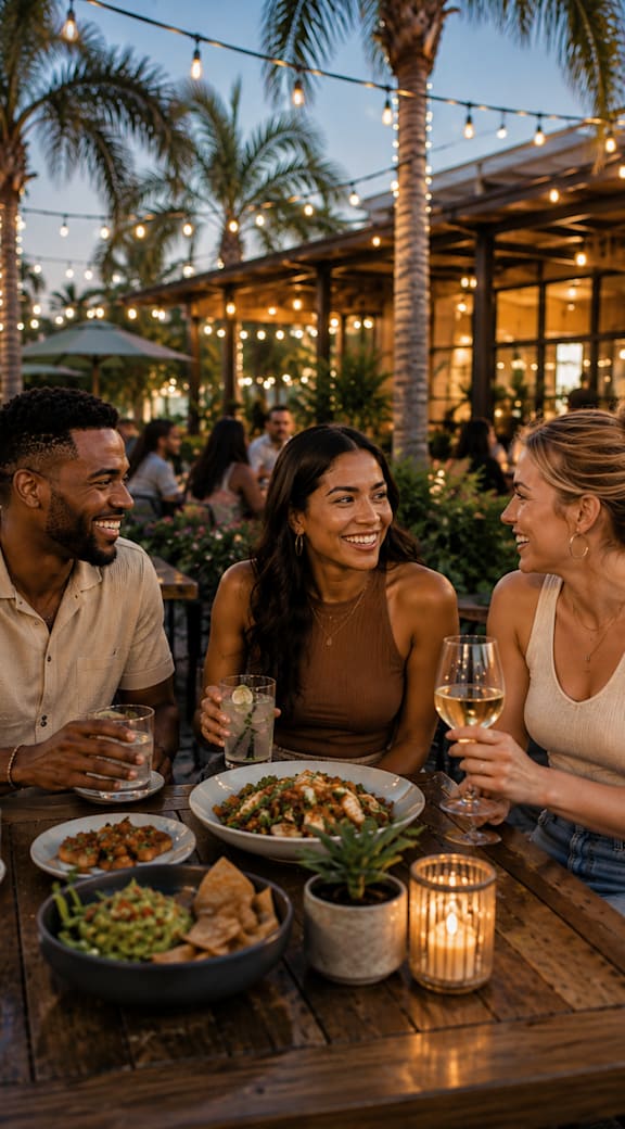 A group of people enjoying a meal together at an outdoor dining area.