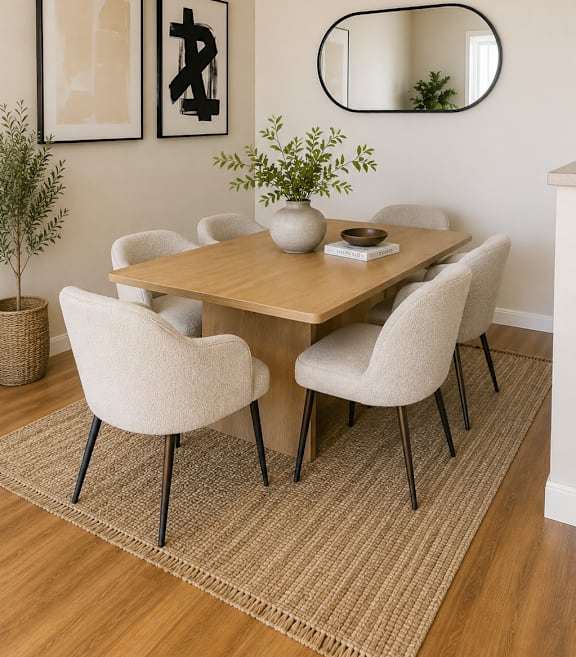 A dining room with a table and chairs.