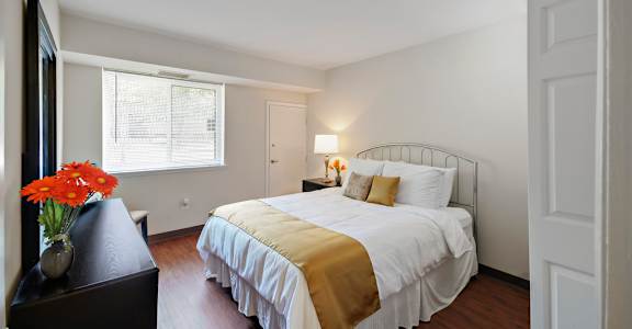 A bedroom with a bed, nightstand, and window.