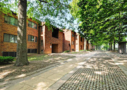 A brick building with a tree in front of it.