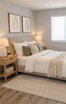 A bedroom with a bed, nightstand, and a window with blinds.