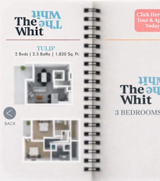 A spiral notebook with a clickable button on the right side and images of two different room layouts for a property named "The Equal Whit".
