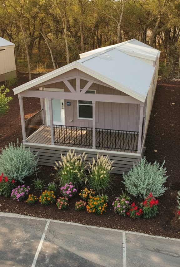 A small house with a porch surrounded by a flower garden.