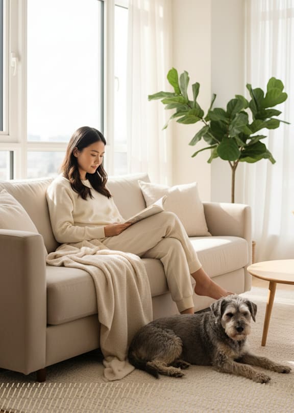 A woman is sitting on a beige couch with a dog lying in front of her.