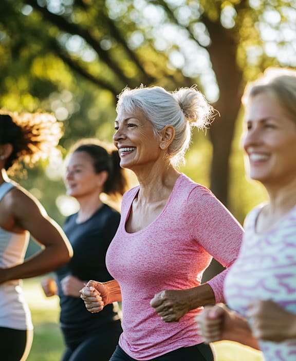 a group of women running in a park