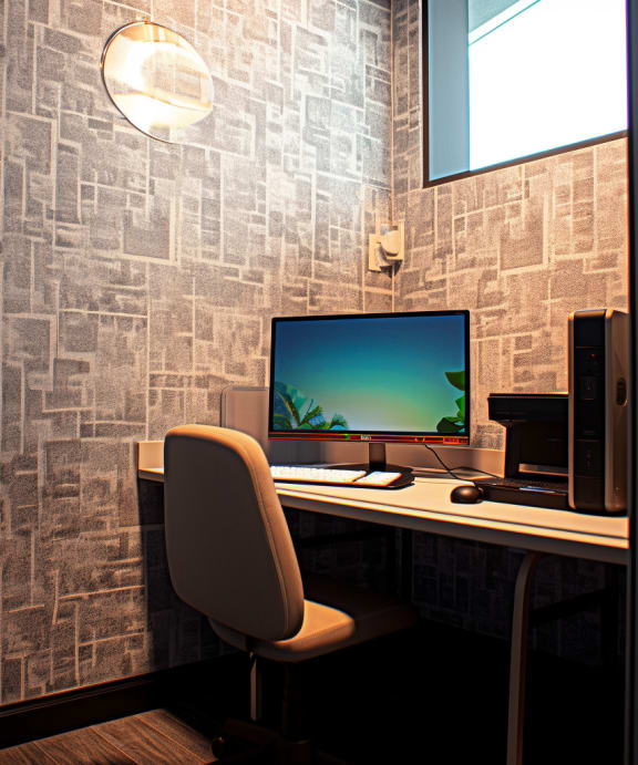 a desk with a computer on top of it