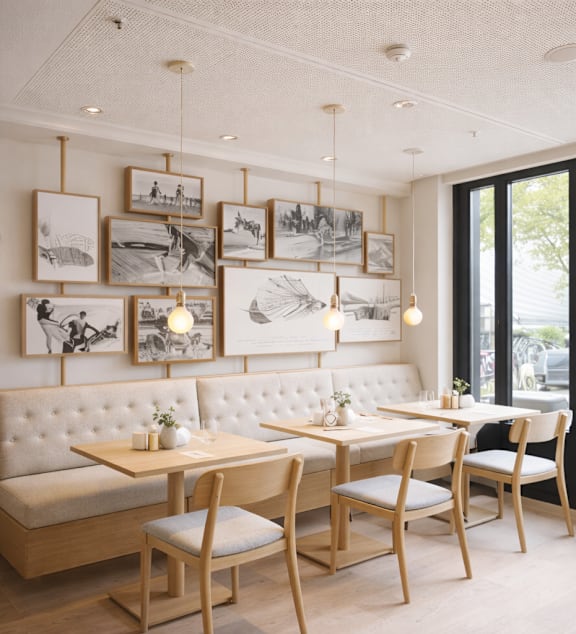 A restaurant interior with a white booth, wooden chairs, and framed pictures on the wall.
