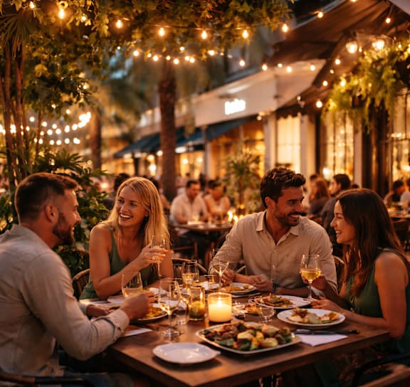 A group of people enjoying a meal together at an outdoor restaurant.