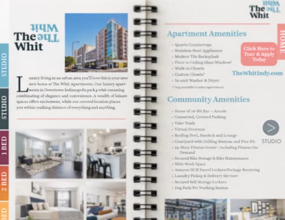 A brochure for The Whit apartments showcasing various amenities and room options.