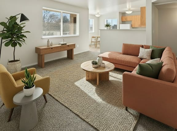 A living room with a yellow chair, a brown sofa, and a coffee table.