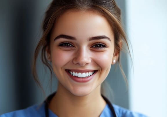 A woman in blue medical scrubs with a stethoscope around her neck.
