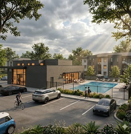 A modern building with a pool and cars parked in front.