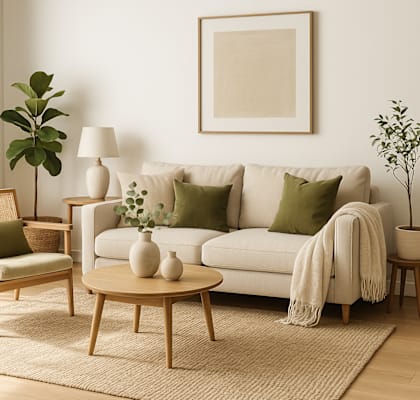 A living room with a white couch, a wooden coffee table, and a framed picture on the wall.