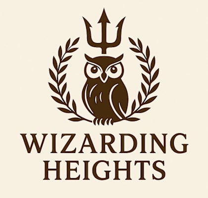 An owl is sitting on a branch with a trident above it and the words "Wizarding Heights" below.