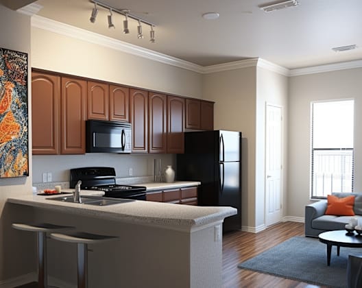 a kitchen and living room in a one bedroom apartment