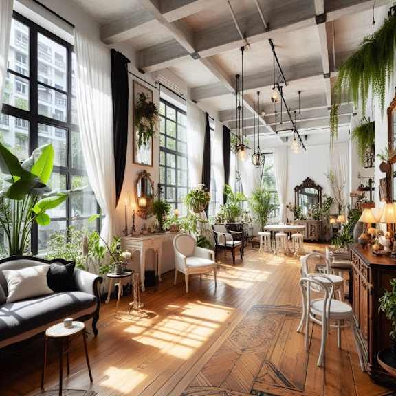 a room filled with plants and furniture and large windows