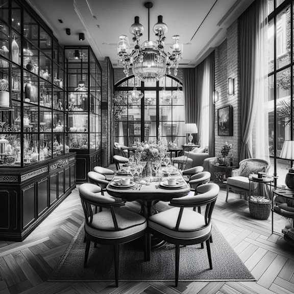 a dining room with a table and chairs and a chandelier