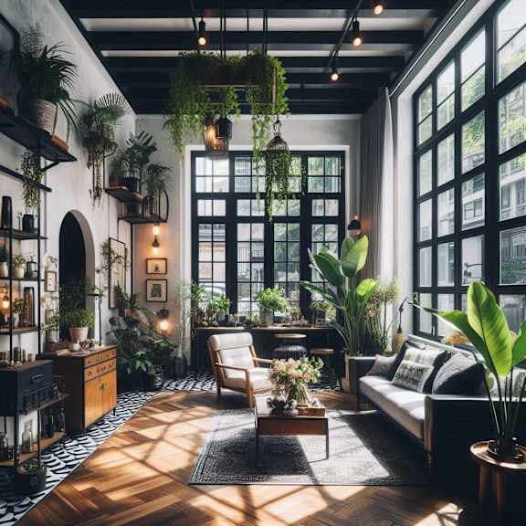 a living room filled with furniture and plants