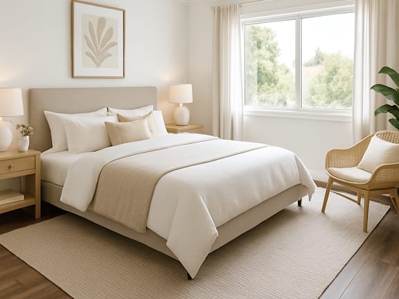 A bedroom with a large bed, a chair, and a ceiling fan.