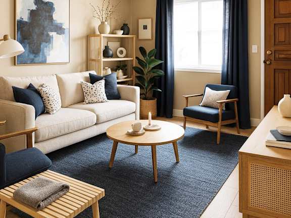 A living room with a grey couch, a coffee table, and a rug.