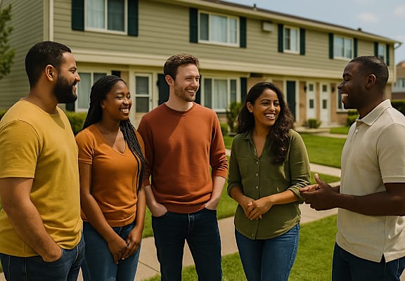 Four people standing in front of a house.