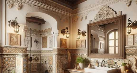 A bathroom with a tiled floor and walls, a sink, a mirror, and a potted plant.