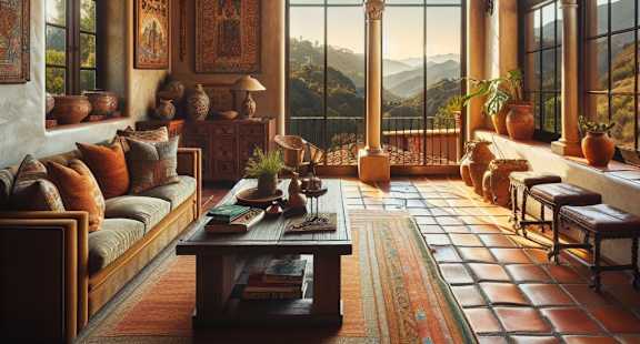 A living room with a large window and a view of the mountains.