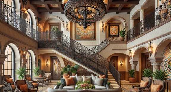 A grand staircase with a metal railing leads up to a balcony in a luxurious room.