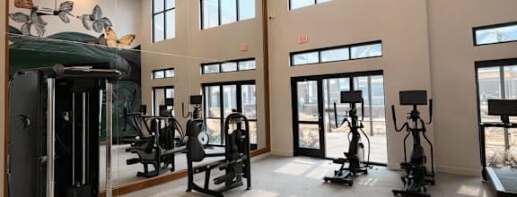 Modern apartment fitness center with high ceilings, large windows, cardio equipment, strength machines, and a butterfly mural accent wall.