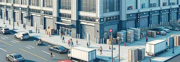 A street scene with cars, trucks, and pedestrians in front of a large building.