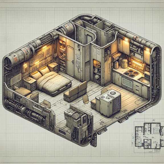 A detailed drawing of a room with furniture and a floor plan.