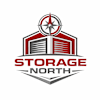 A logo for a company named Storage North features a compass and a shield with books.